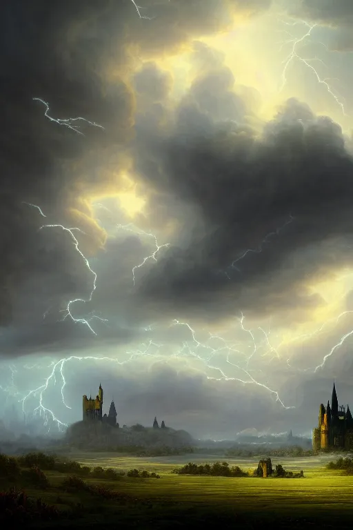 Prompt: a beautiful digital illustration painting of a detailed gothic fantasy endless plains with castle in the distance and thunder storm, by benoit b. mandelbrot, steven belledin, martin johnson heade, lee madgwick, caspar david friedrich, and david rios ferreira. 8 k resolution trending on artstation concept art digital illustration