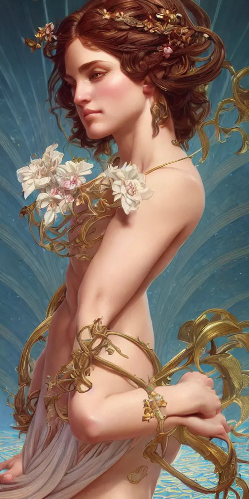 Image similar to Aphrodite, intricate, highly detailed, digital painting, artstation, concept art, smooth, sharp focus, illustration, Unreal Engine 5, 8K, art by artgerm and greg rutkowski and alphonse mucha