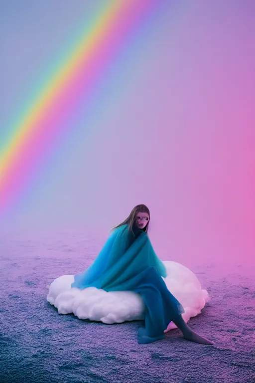 Image similar to high quality pastel coloured film photograph of a model wearing clothing resting on cloud furniture in a icelandic black rock environment in a partially haze filled dreamstate world. three point light, rainbow. photographic production. art directed. pastel colours. volumetric clouds. pastel gradient overlay. waves glitch artefacts. 8 k. filmic.