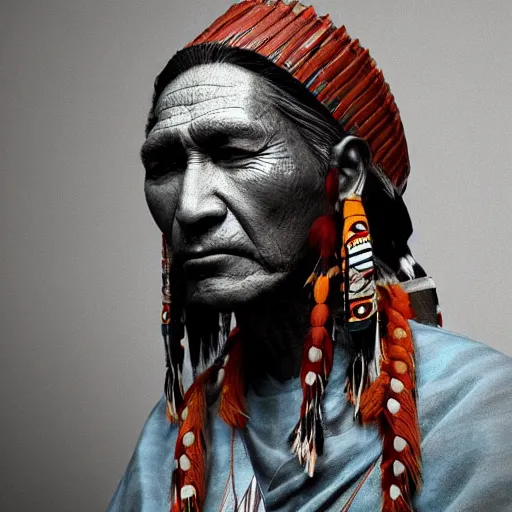 Image similar to abstract 3d portrait Native American in his traditional clothes age 40 by james jean and Jason Chan, rendering, redshift, octane