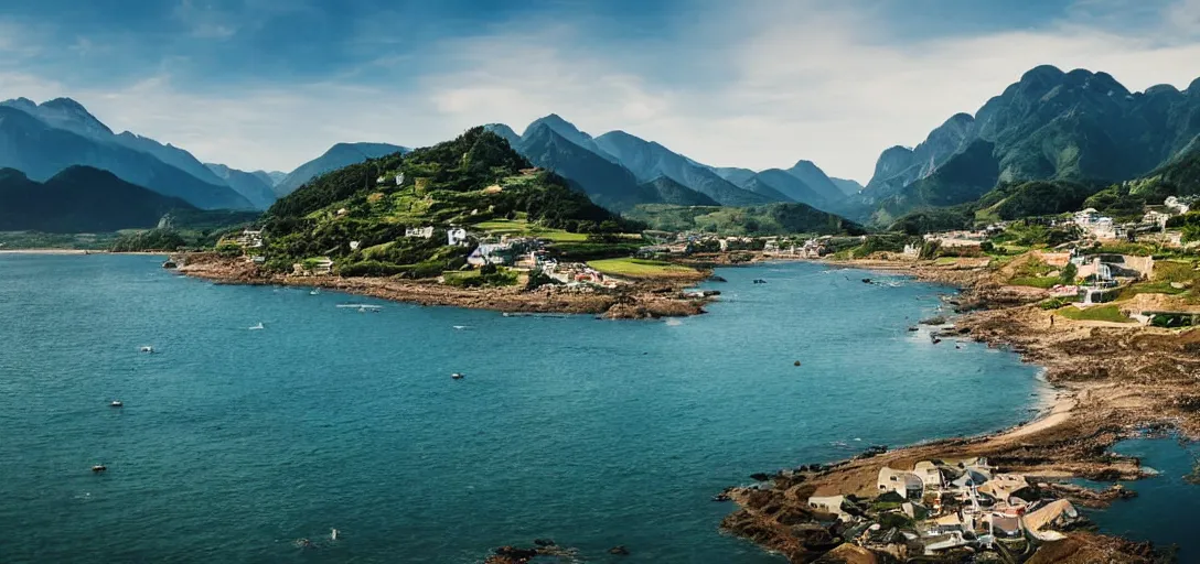 Image similar to the landscape of a beautiful coastal village with mountains in the background, in summer, award-winning photography