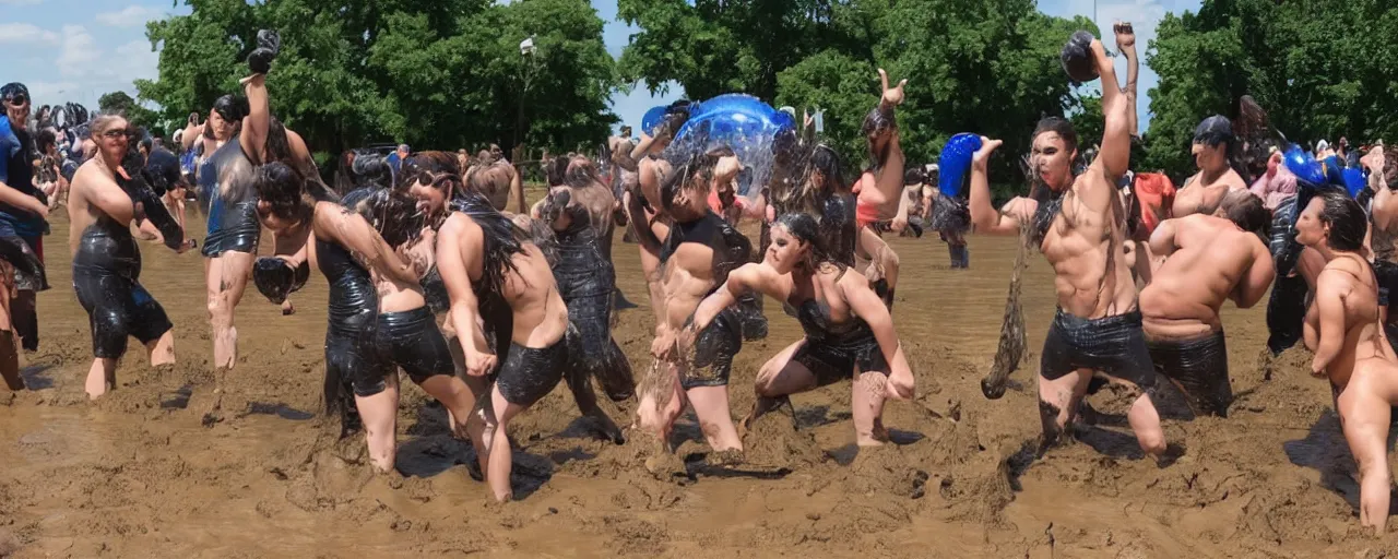 Image similar to feminists and anti - feminists engaged in an intense tactical water balloon fight and mud wrestling challenge as muscular men look on from the bleachers, in the style of marvel comics