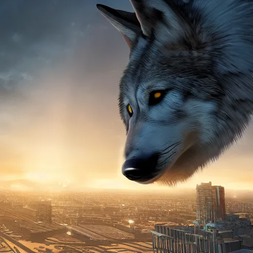 Image similar to of beksinki sky and city in future based on the shape of a wolves head epic cinematic lighting ultra detailed 8 k hi res