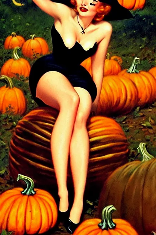 Prompt: a beautiful witch sitting in a pumpkin patch by gil elvgren, halloween poster, cute spooky aesthetic, vintage glamour, highly detailed oil painting, vintage postcard, 1 9 5 0 s art print