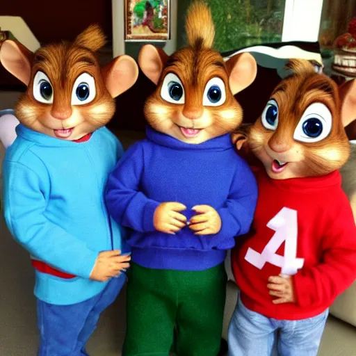 Prompt: alvin, simon, theodore chipmunk as real people