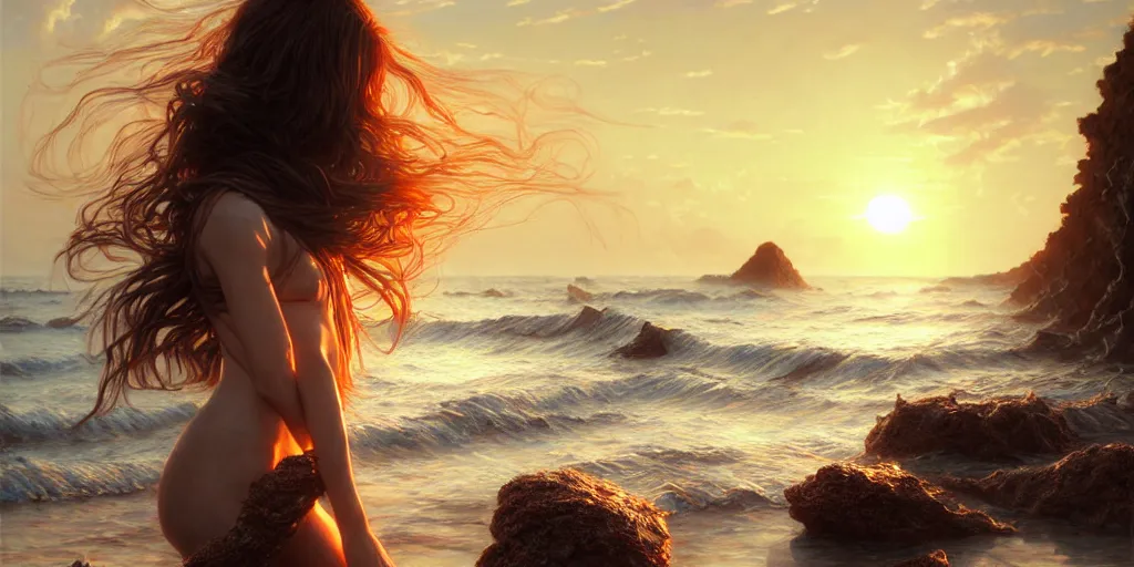 Image similar to ! dream photorealistic long shot of big sun rough sea and jagged rocks nets, plastic bottles, garbage, sand and sea, golden hour, dark beautiful goddess on the beach, fantasy, atmospheric, hyper realistic, artstation, art by artgerm and sangsoo jeong and john william waterhouse