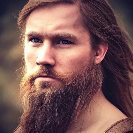 Prompt: hyperrealistic photograph of a brown-haired viking, 8k, profile picture, cinematic, DSLR, vignette, epic real fantasy, Instagram filter, stoic facial expression, looking at the camera
