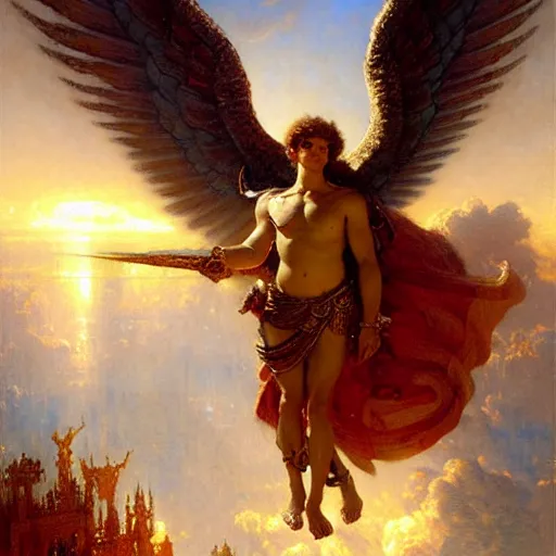 Image similar to saint michael the angel, guarding the world from evil. highly detailed painting by gaston bussiere, greg rutkowski 8 k