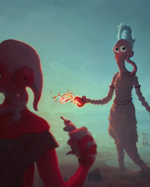 Prompt: tentacled [ squidward ] wearing fire nation clothing and practicing firebending outside at susnset, [ greg rutkowski ]