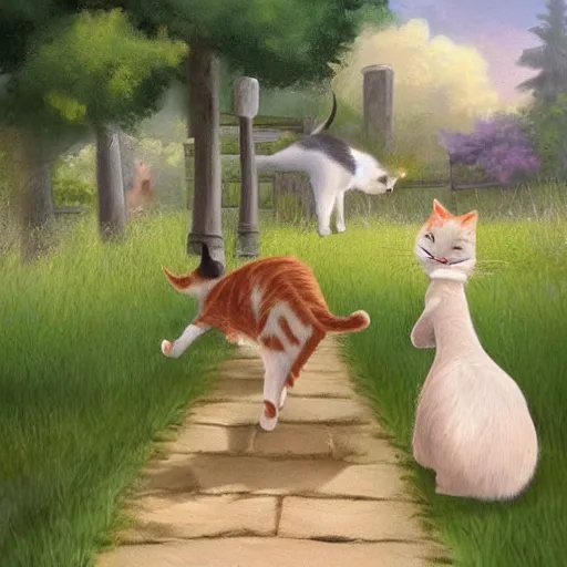 Image similar to two calico cats walking together outside on a beautiful day, cute storybook illustration, trending on artstation, cgsociety, beautiful painting