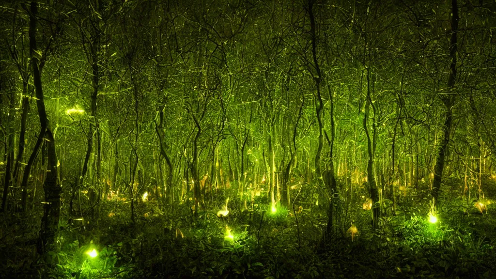 Prompt: lush alien forest at night, glowing flowers, orbs of light spread through the forest