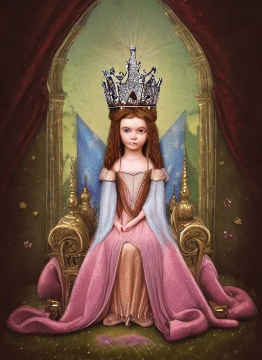 Prompt: highly detailed closeup portrait of a medieval princess wearing a crown and sitting on a throne, nicoletta ceccoli, mark ryden, lostfish, global illumination, god rays, detailed and intricate environment