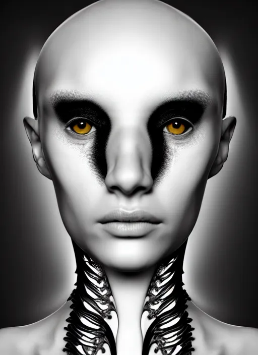 Image similar to a black and white 3D render of a beautiful portrait of a young female angelic-dragon-cyborg face with a very long neck, 150 mm, orchids, Mandelbrot fractal, anatomical, flesh, facial muscles, veins, arteries, full frame, microscopic, elegant, highly detailed, flesh ornate, elegant, high fashion, rim light, ray trace, octane render in the style of H.R. Giger and Man Ray, Realistic, Refined, Digital Art, Highly Detailed, Cinematic Lighting, rim light, black and white, photo-realistic Unreal Engine, 8K