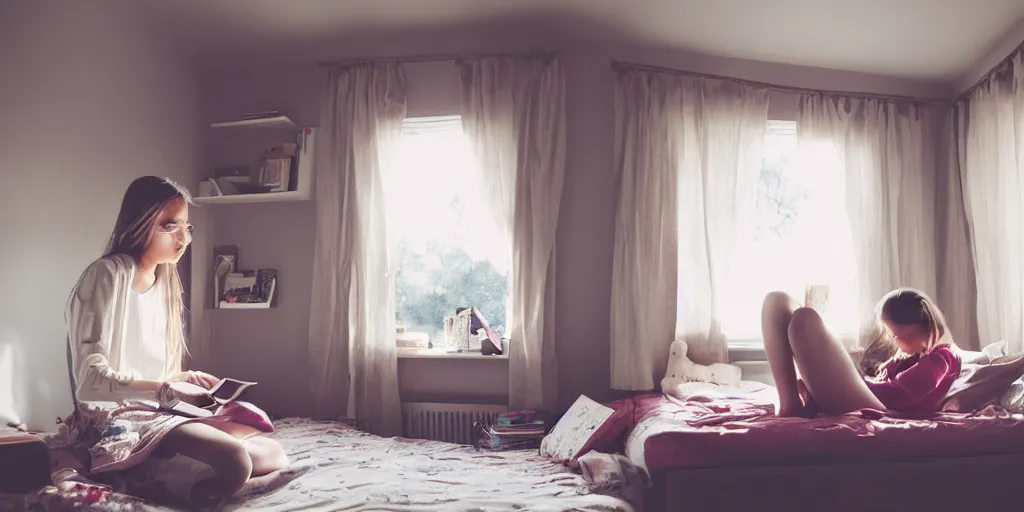 Prompt: girl sitting reading a book in her room, cozy, late afternoon, cinematic