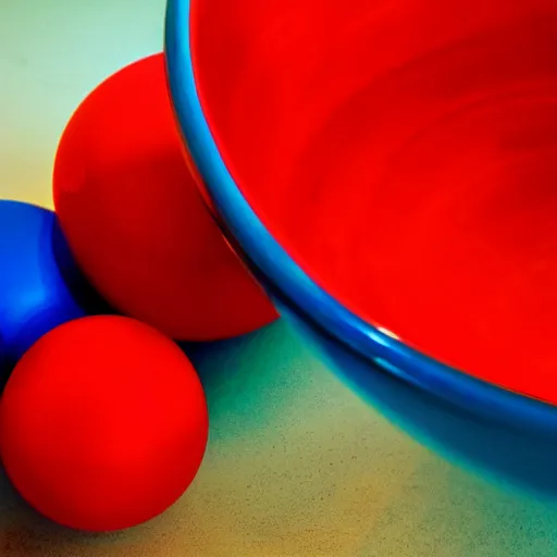 Prompt: a red bowl filled with blue glowing spheres,