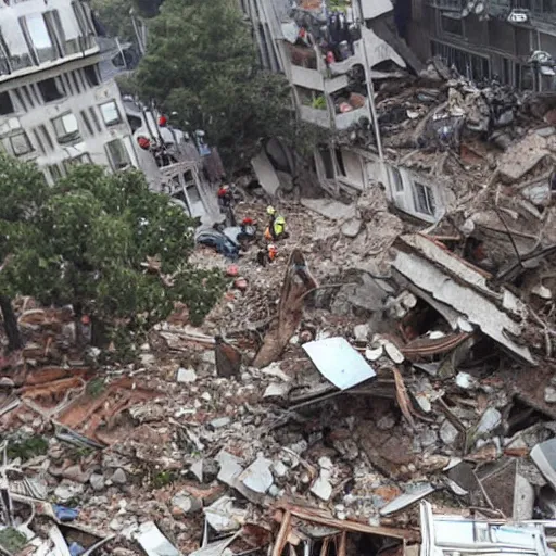 Prompt: seven avocados hovering over seven a rubble after a building collapsed, journalistic photograph.