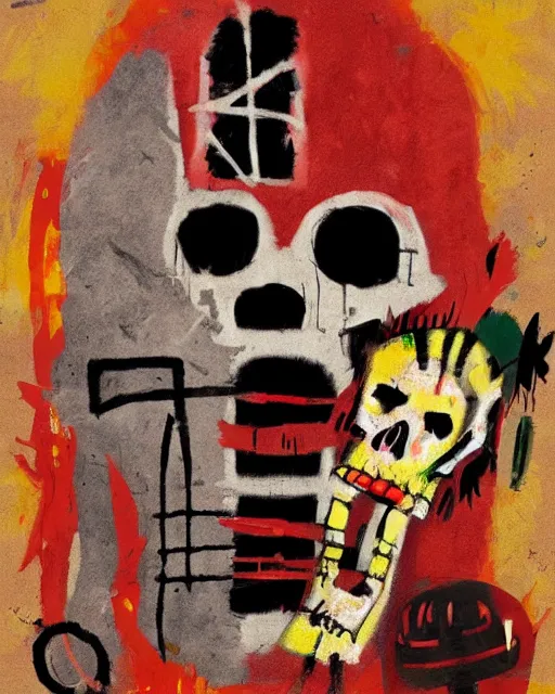 Prompt: of a skeleton with tiki mask and viking helmet and red fiery eyes inspired by basquiat, art by greg rutkowski