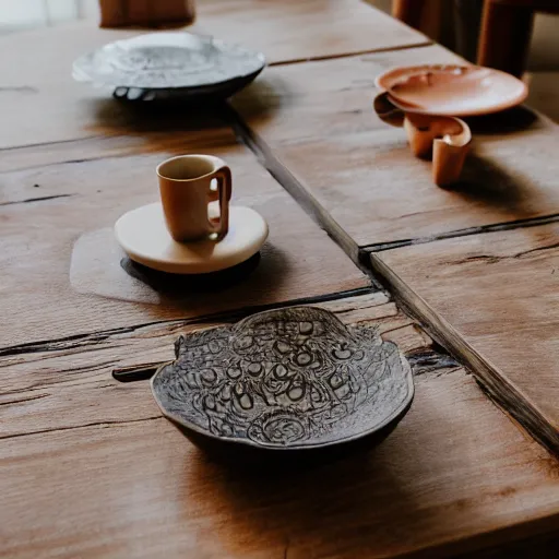 Prompt: ceramic set on a chiseled wooden table