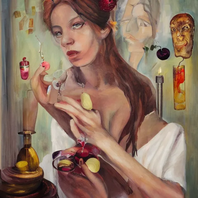 Prompt: sensual, a portrait in a female art student's apartment, pancakes, woman holding a brain from inside a painting, berries, alpaca, scientific glassware, art supplies, a candle dripping white wax, berry juice drips, neo - expressionism, surrealism, acrylic and spray paint and oilstick on canvas