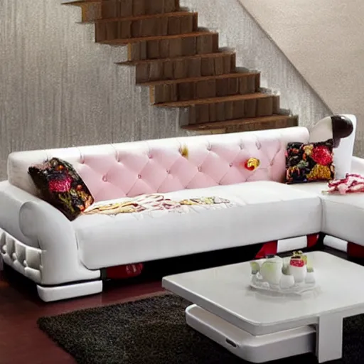 Prompt: sofa made out of candy, glossy, realistic, detailed,