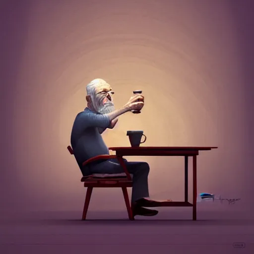 Prompt: old man sitting on a chair drinking coffee, by etienne hebinger, cgsociety, fantasy art, 2 d game art