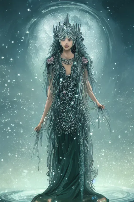 Image similar to a moon wizard dressed in intricate silver clothing surrounded by water particles above a serene pond, fantasy, wlop, trending on artstation, deviantart, anime key visual, official media, professional art, 8 k uhd