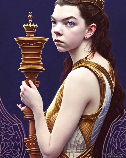 Image similar to twenty year old anya taylor - joy ( queen's gambit ) as a chess queen, art nouveau, fantasy, intricate, elegant, highly detailed, sharp focus, art by artgerm and greg rutkowski and wlop