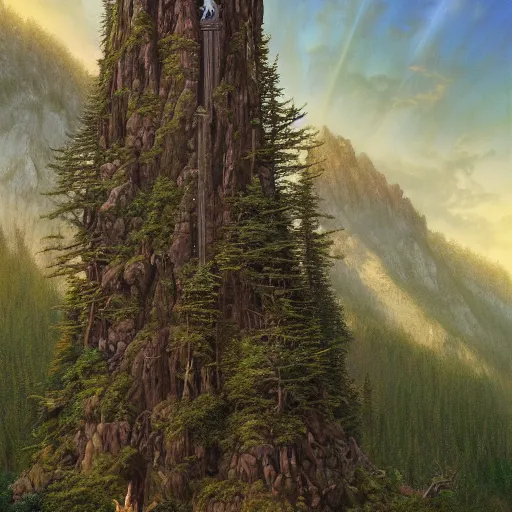 Prompt: Large forest with great magical stone Wizard tower standing proudly above the treeline, wide angle, cinematic, art by Donato Giancola and Bayard Wu, digital art, trending on artstation