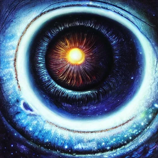 Prompt: low angle shot of a eye with the galaxy in the iris by clive barker, intricate, elegant, highly detailed, centered, digital painting, artstation, concept art, smooth, sharp focus, illustration, artgerm, Tomasz Alen Kopera, Peter Mohrbacher donato giancola, Joseph Christian Leyendecker, WLOP, Boris Vallejo.