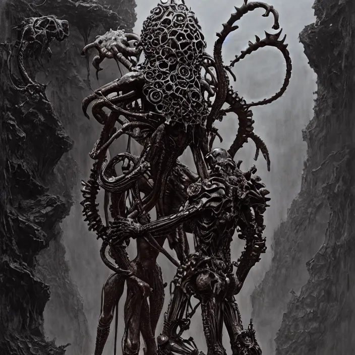 Image similar to still frame from Prometheus by Jakub Rozalski, intricate ornate Ossiarch Bonereaper by Wayne Barlowe by peter Mohrbacher by Giger, dressed by Alexander McQueen and by Neri Oxman, metal couture hate couture editorial