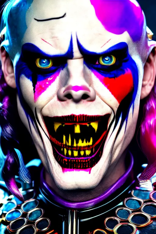 Image similar to portrait of williem dafoe as a harley quinn in suicide squad. intricate abstract. intricate artwork. by tooth wu, wlop, beeple, dan mumford. octane render, trending on artstation, greg rutkowski very coherent symmetrical artwork. cinematic, hyper realism, high detail, octane render, 8 k, iridescent accents