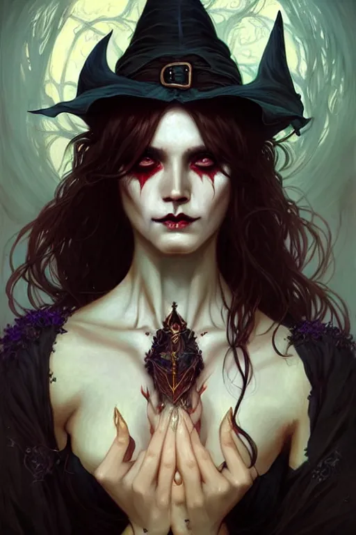 Image similar to halloween witch woman, fantasy magic, undercut hairstyle, intricate, elegant, sharp focus, illustration, highly detailed, digital painting, concept art, matte, art by wlop and artgerm and greg rutkowski and alphonse mucha, masterpiece