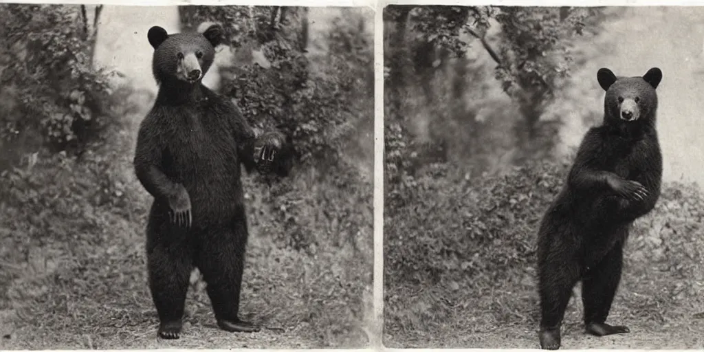 Prompt: anthropomorphic asian black bear in cosplay, 1900s photo