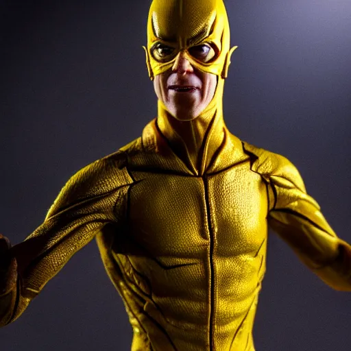 Image similar to ultra realistic figurine of the reverse flash, studio lighting, volumetric lighting, sharp camera focus, soft lighting, rule of thirds