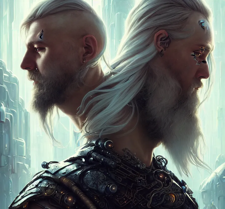 Image similar to cyberpunk viking with white hai, face, sci - fi, metal skin, constellation geometry,, forest background, elegant, highly detailed, digital painting, artstation, concept art, smooth, sharp focus, spiritual art, art by artgerm and greg rutkowski and alphonse mucha, psychedelic, illustration,