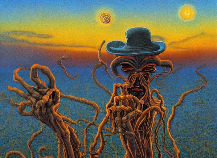 Image similar to surrealist impressionist painting of eldritch garfield at dusk, in the style of michael whelan and james gurney and wayne barlowe