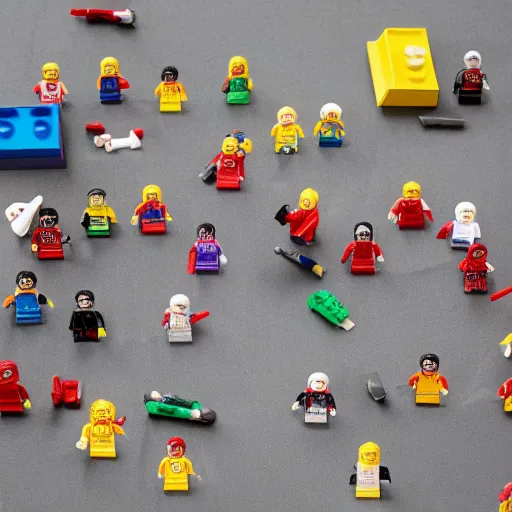 Image similar to parts of dismembered lego minifigures scattered along table, blood leaks from the body parts