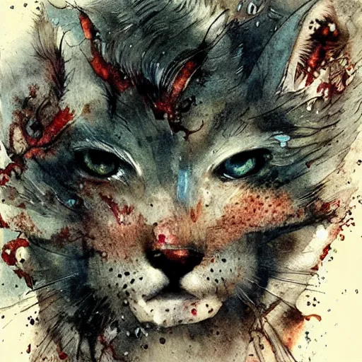 Image similar to vicious roaring kitty by Jean-Baptiste Monge, post processing, painterly, book illustration watercolor granular splatter dripping paper texture. Trending on artstation, post processing, pen and ink work. sharp focus.