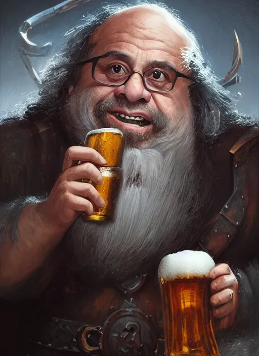 Prompt: Portrait of Danny Devito as a Dwarven Axeman with a white beard, He is drinking beer at a tavern, realistic, detailed, 4k by Greg Rutkowski Mark Arian trending on artstation