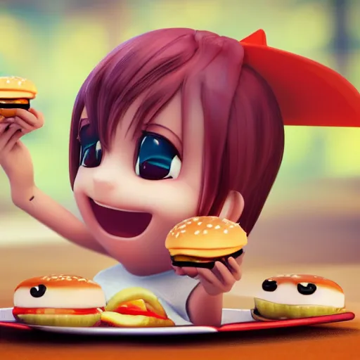 Image similar to 3D rendering of chibi character eating a hamburger, octane render, 8k, trending on artstation