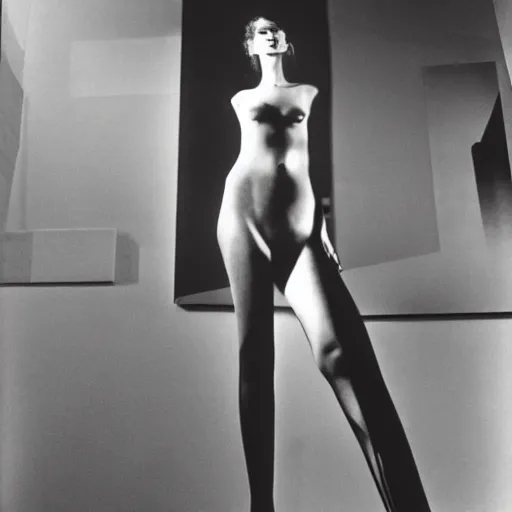 Image similar to a highly detailed unreal engine symmetric portrait of a long legged freaky goddess in a latex dress in an endless galaxy, henry cartier bresson