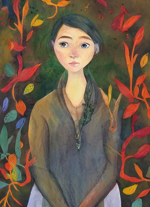 Image similar to a wonderful childrens illustration book portrait painting of a woman with serene emotion, art by tracie grimwood, forest, trees, many leaves, birds, whimsical, aesthetically pleasing and harmonious natural colors