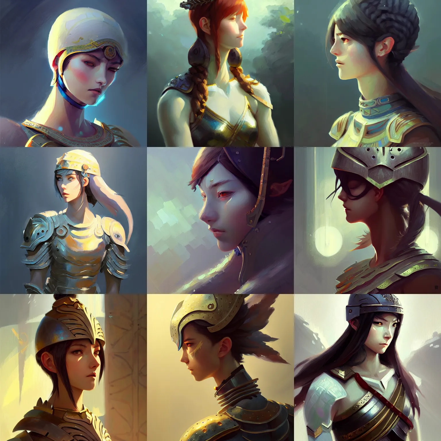Prompt: female warrior, lovely delicate face, oil painting, passion, bravery, intricate armour costumes, light and shadow effects, intricate, digital painting, art station, concept art, cold tones, sharp focus, morandi color scheme, sharply shaped, illustration, art by makoto shinkai and lois van baarle