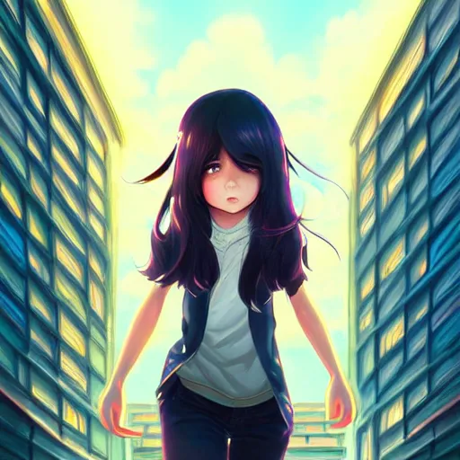 Image similar to a beautiful girl with long dark hair, city background, intricate, highly detailed, digital painting, artstation, official media, anime key visual, concept art, rich vivid colors, ambient lighting, sharp focus, illustration, art by Artgerm, Makoto Shinkai, Ilya Kuvshinov, Lois Van Baarle, and Rossdraws