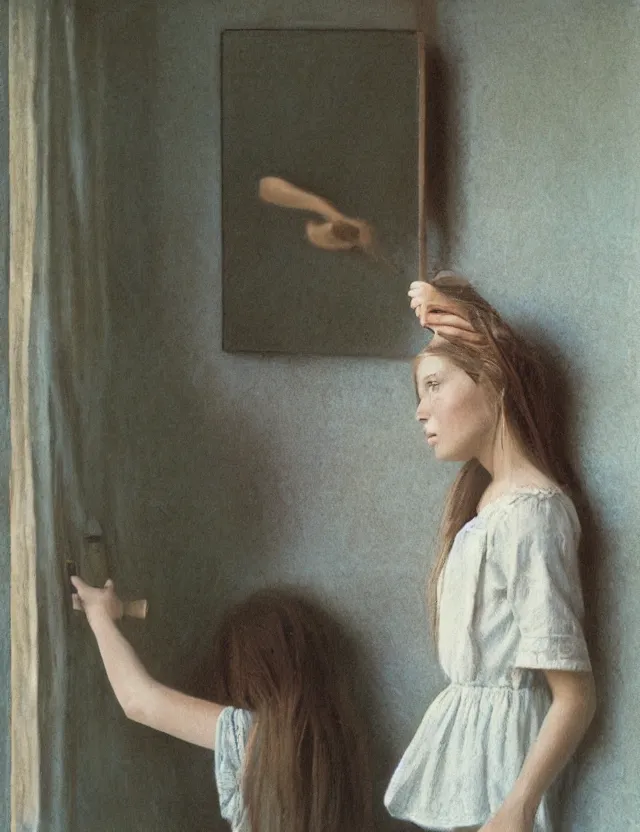 Image similar to portrait of peasant girl brushing her hair in a bathroom, Cinematic focus, Polaroid photo, vintage, neutral colors, soft lights, foggy, by Steve Hanks, by Serov Valentin, by lisa yuskavage, by Andrei Tarkovsky 8k render, detailed, oil on canvas