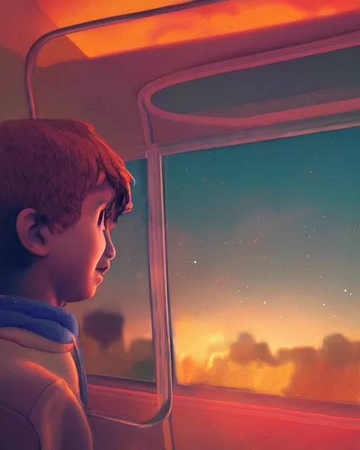 Prompt: boy in a bus looking into the sky, psychedelic trip, cinematic shot, epic composition, fine details, octane render, 8 k, depth of field, concept art, oil painting, digital art, deviantart artstation, extremely detailed, very sharp,