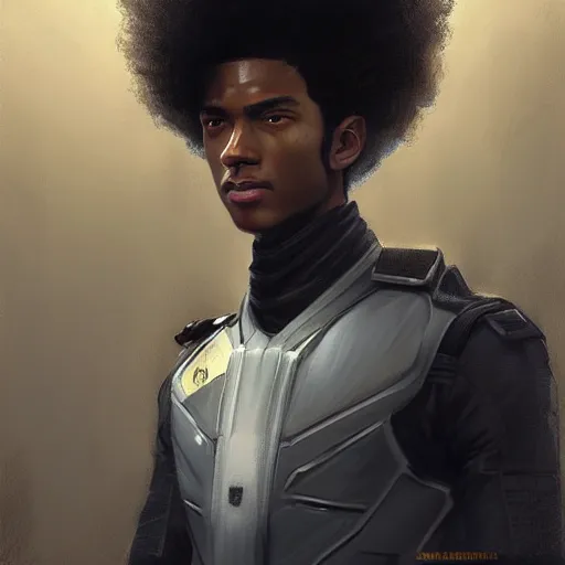 Image similar to portrait of a man by greg rutkowski, he is about 2 0 years old, mixture between afroamerican and japanese, afro hair, young, very tall and slender, he is wearing a futuristic police gear, highly detailed portrait, digital painting, artstation, concept art, smooth, sharp foccus ilustration, artstation hq