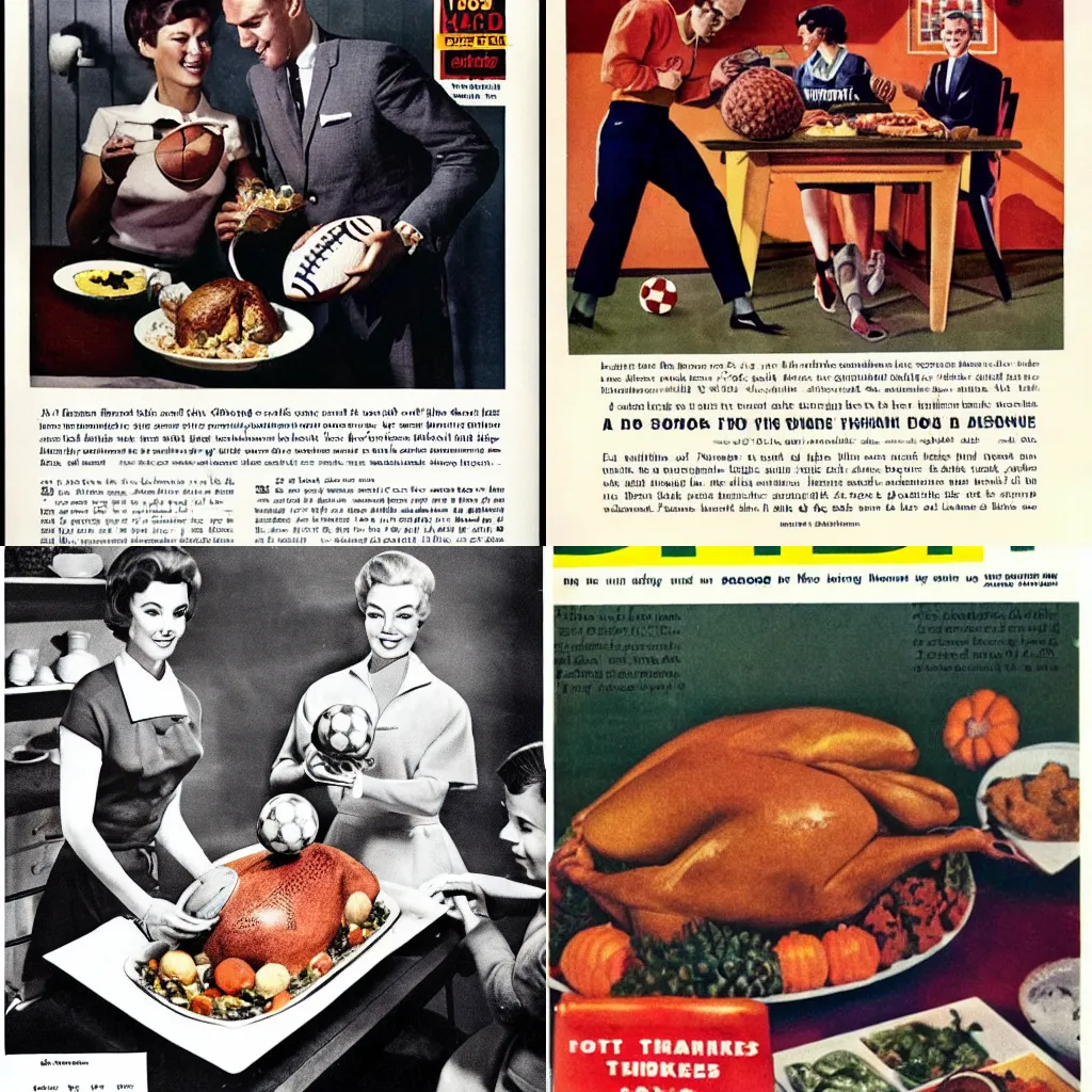 Prompt: a football served for Thanksgiving dinner, Good Housekeeping, 1960