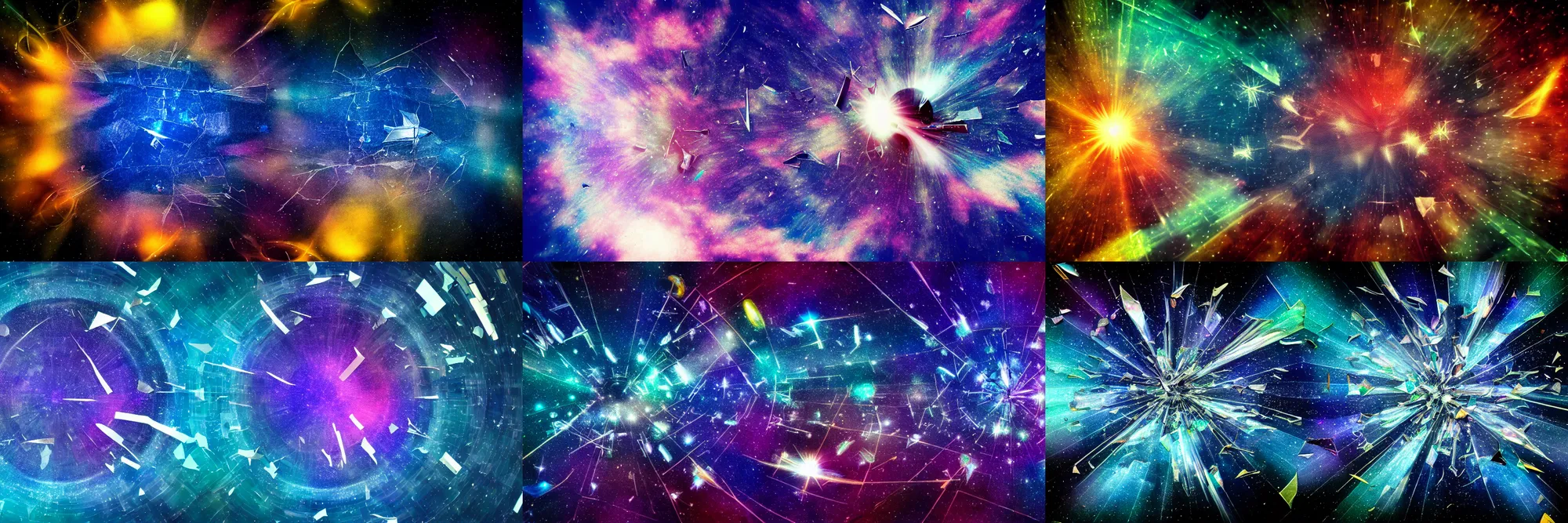 Prompt: flying broken glass shards, outer space nebulas, irregular non-symmetrical fractals, fisheye lens, distortion, motion blur