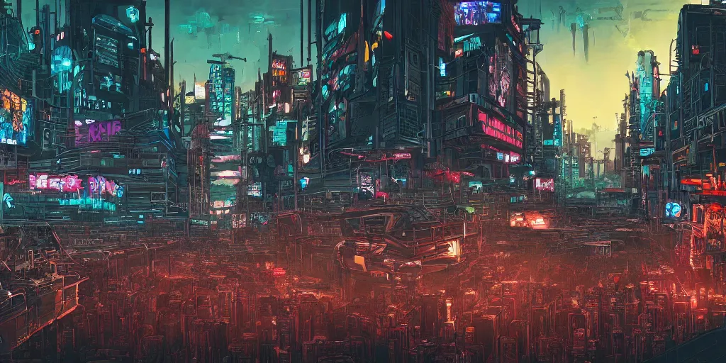 Prompt: landscape painting of a zombie invasion on a cyberpunk city by Dan Mumford, hyperdetailed, trending on Artstation
